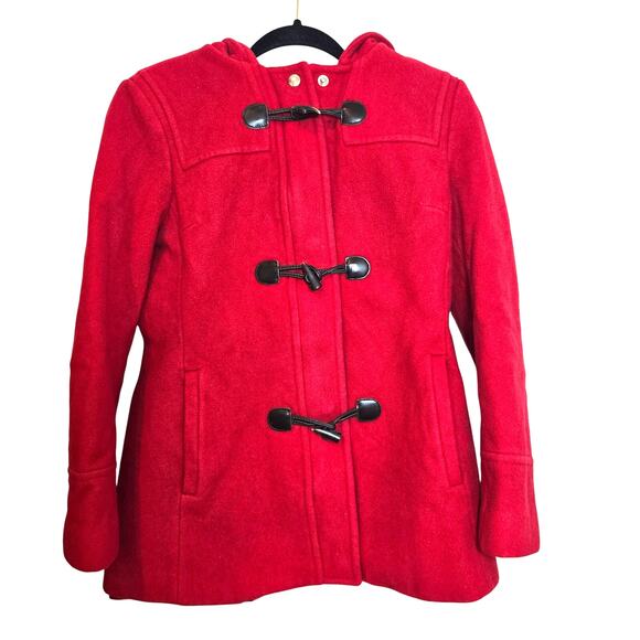 Michael Michael Kors Red Wool Coat Size 4 Hooded Peacoat Horn Toggle Lined - Picture 1 of 8